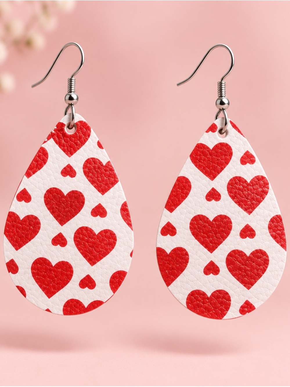White and Red Heart Drop Earrings - Women's Fashion Accessories faux leather